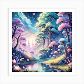 A Fantasy Forest With Twinkling Stars In Pastel Tone Square Composition 170 Art Print
