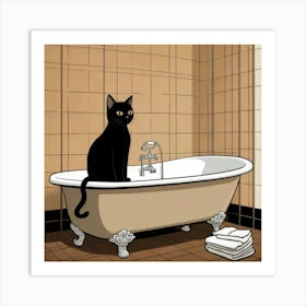 Default Black Cat On Bathtub Brown Black Bathroom Art Print 1 Art Print