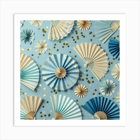 Paper Fans On Blue Background Art Print