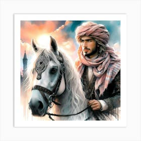 Young Arabian Man On A Horse Color Drawing Art Print