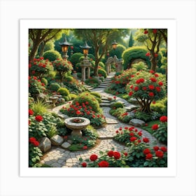 Bonsai Trees And Red Roses Art Print