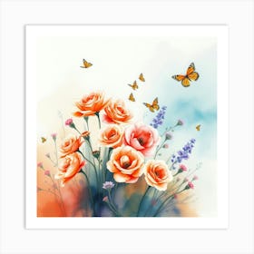 Roses And Butterflies 9 Art Print