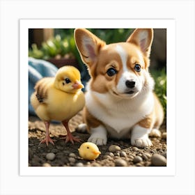 Corgi And Chicki Art Print