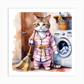 Cat In Pajamas Busy with Laundry Art Print