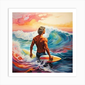 Surfer At Sunset Art Painting Art Print