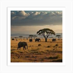 A Vast Savannah With Acacia Trees And A Herd Of Elephants In The Distance Art Print