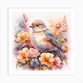 Bird On Flowers Art Print