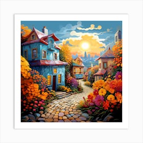 Of A Village At Sunset Art Print