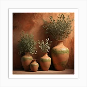 Teerracotta Vases Filled With Olive Green Plants Burnt Sienna Textured Walls Soft Lighting Art Print