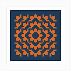 Midcentury Modern Abstract Geometric Flower Pattern Floral in Navy Blue and Burnt Orange 1 Art Print