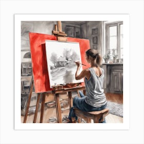 Woman Paints On An Easel Art Print