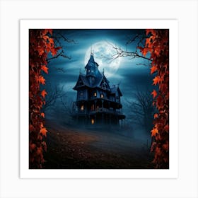 A Fiercely Blazing Haunted House Banner Devilishly Shadowed And Skittish Across The Eerie Pattern O (2) 1 Art Print