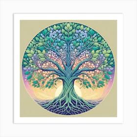 "Arboreal Aura"  This circular artwork features a stylized tree with intertwining branches and roots, forming a mesmerizing pattern that suggests a deep connection with nature. The tree's foliage transitions through a spectrum of cool blues to warm purples and oranges, reminiscent of the changing seasons or the circadian rhythm of day to night. Enclosed in a perfect circle, the design symbolizes the cycle of life and the interconnectedness of all living things.  "Arboreal Aura" is an enchanting piece that embodies the essence of life's perpetual cycle, capturing the viewer's imagination with its intricate details and harmonious color palette. It's an ideal choice for those seeking to bring a sense of natural balance and meditative calm to their environment, providing a daily reminder of the beauty of the natural world and our place within it. Art Print