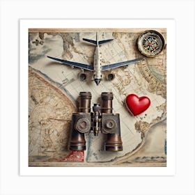 Firefly A Paris, France Vintage Travel Flatlay, Binoculars, Small Red Heart, Map, Stamp, Flight, Air (3) Art Print