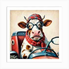 Cow In A Tractor 1 Art Print