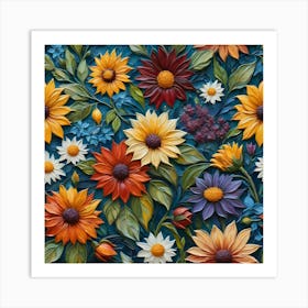 Flowers On A Blue Background 10 Art Print