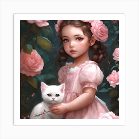 Little Girl With Pink Roses Art Print