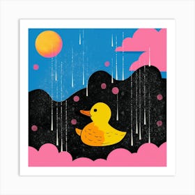 Duckling In The Rain & Clouds Pink And Blue Art Print