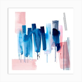 Artistic Abstract Watercolor Stripes Blue Square Art Print