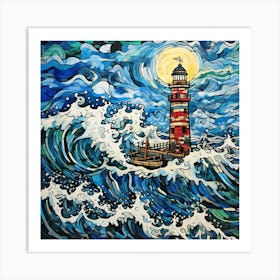 Lighthouse In The Waves Art Print