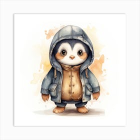 Watercolour Cartoon Penguin In A Hoodie Art Print