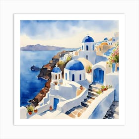 Santorini Greece Watercolor Affiche