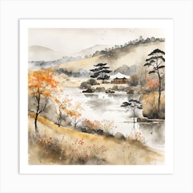 Japanese Landscape Painting Sumi E Drawing (28) Art Print