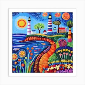 Colorful Surreal Landscape With Lighthouses Art Print