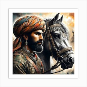 Man Of The Old Persian Empire By His Horse Color Drawing Art Print