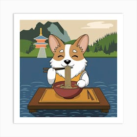 Japanese Corgi Eating Ramen Art Print