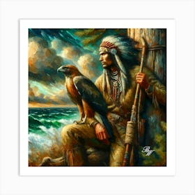 Oil Texture Native American Indian And Hawk 3 Copy Art Print