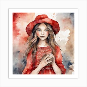 Boho art girl wearing a red hat Art Print