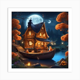 Halloween House On The Lake Art Print