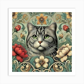 morris Cat With Flowers Art Print