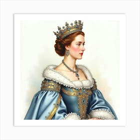 Watercolor Portrait Of Queen Elizabeth I, Jewel Encrusted Gown, Regal 1 Art Print