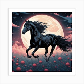 Black Horse In The Moonlight Art Print