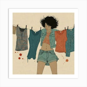 Afro Girl Hanging Clothes Art Print