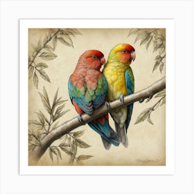 Two Parrots On A Branch Art Print