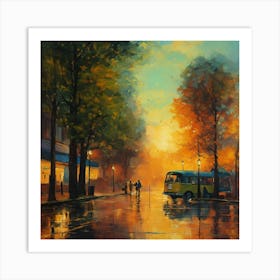 Bus In The Rain Art Print