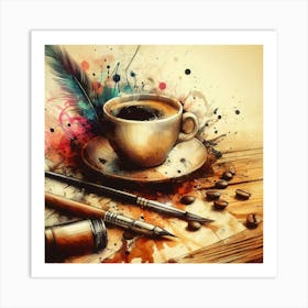 Coffee Cup And Pen Art Print