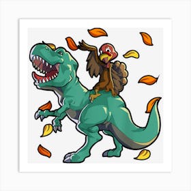 Turkey Riding Mummy Dinosaur T Rex Thanksgiving Funny Turkey Art Print