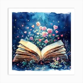 Watercolor Romantic Book Roses Hearts 1 Art Print