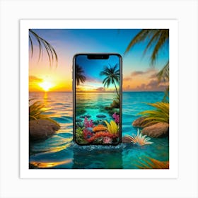 Smartphone Transforming Into A Vibrant Aquatic Creature Among Palm Trees And Wildflowers At Sunrise Art Print