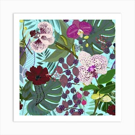 Orchid And Cosmos Flower Botanical Floral Pattern Square Art Print