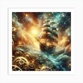 Ship In Space With Gears Art Print