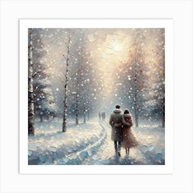 Couple Walking In The Snow Art Print Art Print