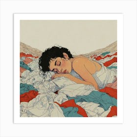 Girl Sleeping In A Pile Of Clothes Art Print