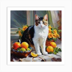 Cat With Oranges Art Print