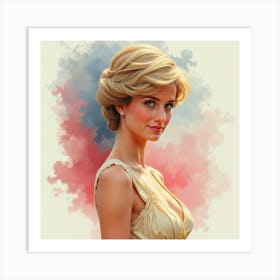 Princess Diana In A Peaceful Pose With Vivid Watercolor Hues Behind 1 Art Print