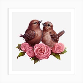 Two Birds On Roses Art Print